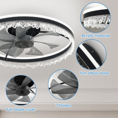 Modern LED Ceiling Fan with Light - 24'' Dimmable Ceiling Light with Invisible Blades and Crystal Design