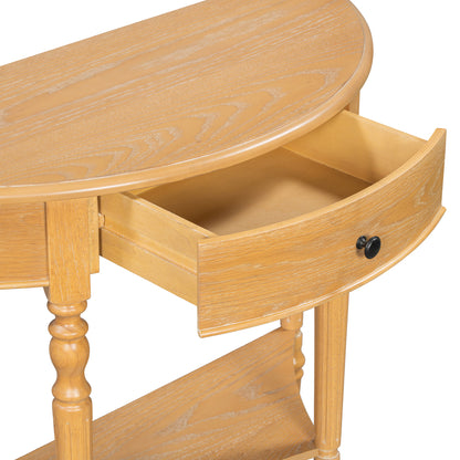 TREXM Farmhouse Half Moon Console Table with Drawer & Shelf - Rustic Accent Table, Sofa Table, Hallway and Foyer (Natural)