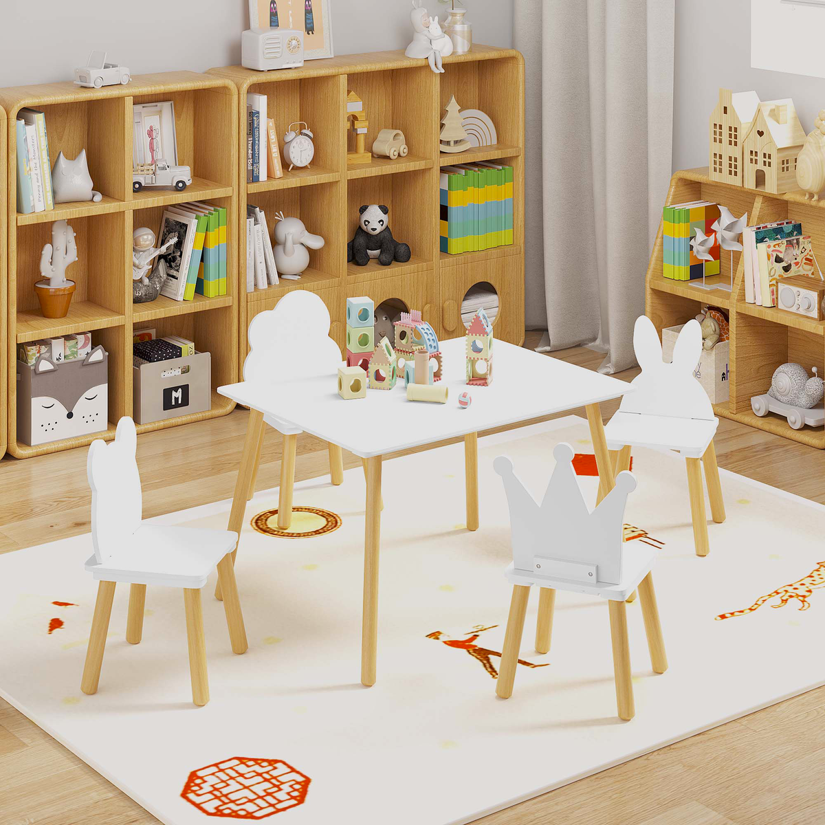 Big Kids Table and 4 Chairs Set, 5 Pieces Toddler Table and Chair Set, Wooden Activity Play Table Set (White)