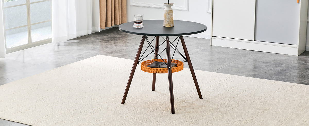 31.5-inch diameter circular dining table, black MDF vacuum formed tabletop, walnut solid wood legs
