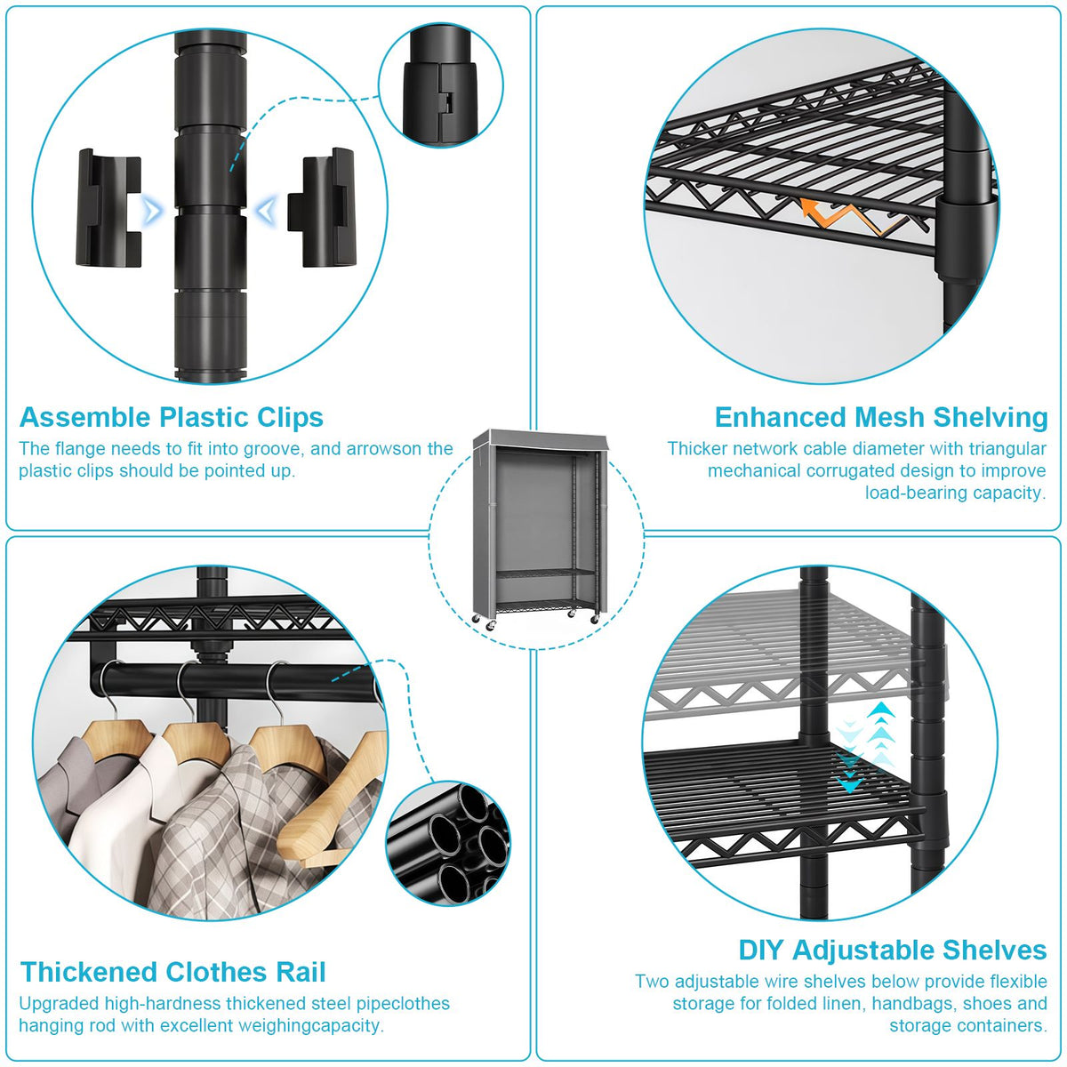 Heavy Duty Closet Organizer System, Freestanding Clothing Rack with Shelves, Adjustable Garment Rack with Grey Cover & Side Pocket, Portable Closets for Hanging Clothes, 72.8''×17.7''D×76.77''H, Black