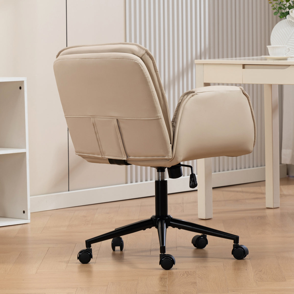 Criss Cross Chair with 5-Gear Adjustable Armrests & Wheels, Ergonomic Thickened Backrest Swivel Desk Chair for Home Office, Vanity, Bedroom and Living Room, Beige Pu
