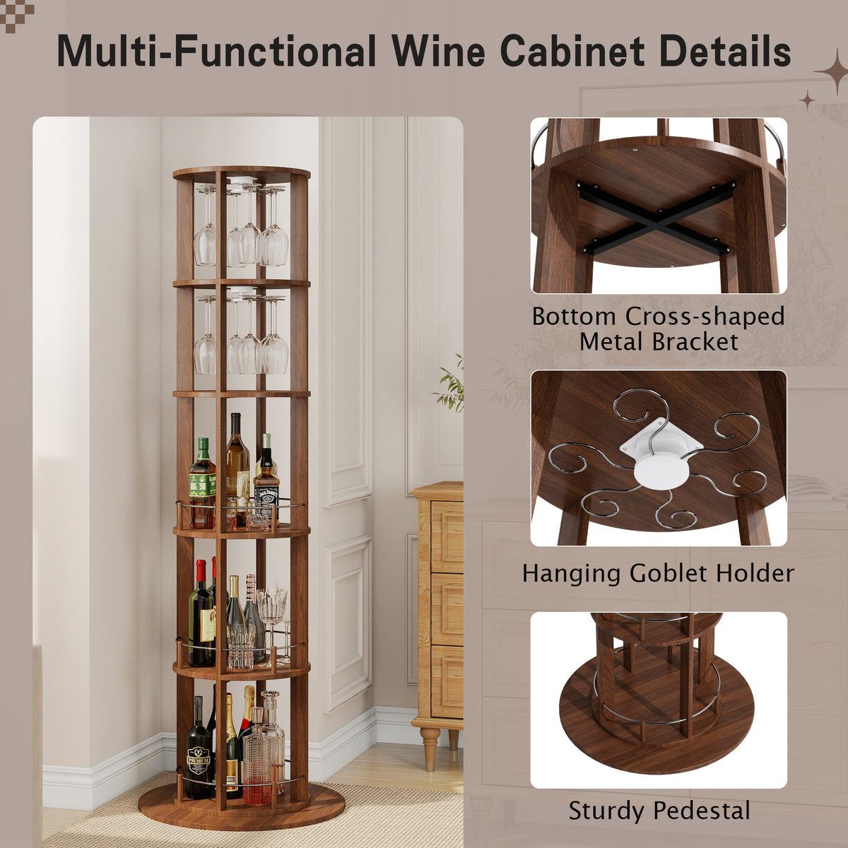 73" Tall Round Wine Rack, Freestanding Wine Bar Cabinet With 360° Rotating Design Wine Glass Rack, 360° Smooth Rotation & Stable Base, 3-Tier Storage Shelf, MDF & Metal, Walnut