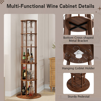 73" Tall Round Wine Rack, Freestanding Wine Bar Cabinet With 360° Rotating Design Wine Glass Rack, 360° Smooth Rotation & Stable Base, 3-Tier Storage Shelf, MDF & Metal, Walnut