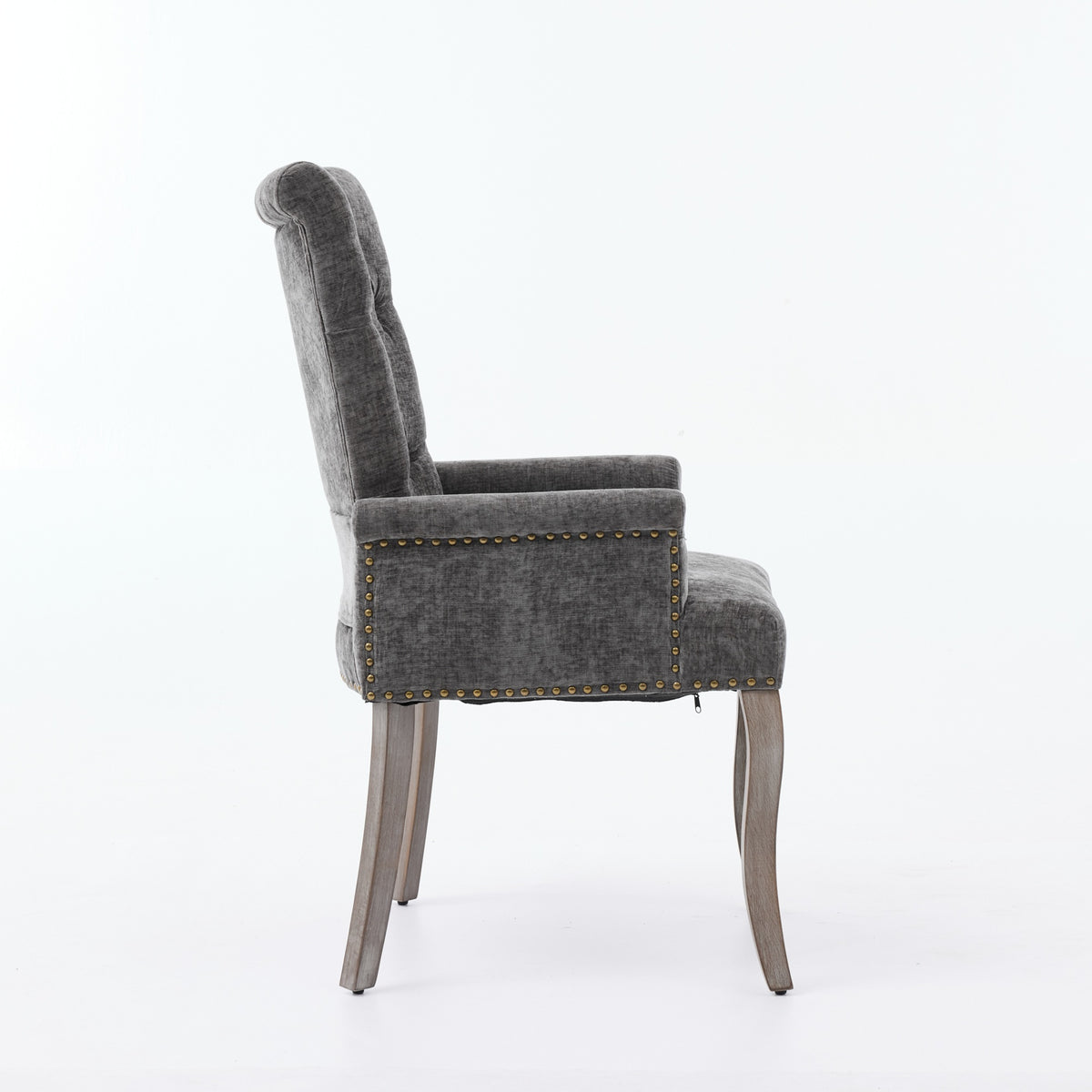 Upholstered Chenille Fabric Accent Dining Chair, Curved Solid Wood Legs, Elegant Tufted Club Dining Room Kitchen Room Arm Dining Chair – Gray