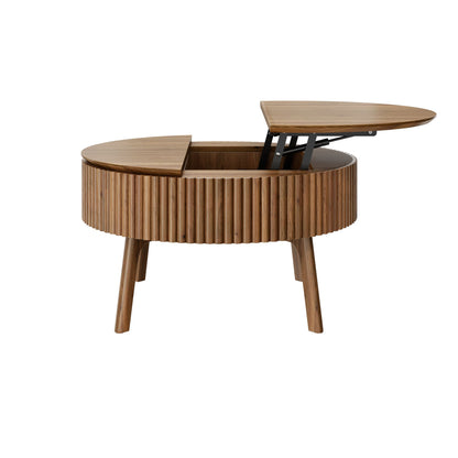 Modern Round Lift-Top Coffee Table with Half Flip-Top & Hidden Storage, Solid Wood Mid-Century Coffee Table with Fluted Design, 30.3' Walnut Space-Saving Center Table for Living Room