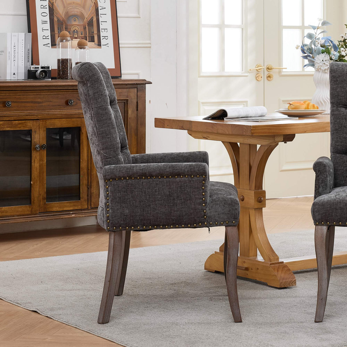 Upholstered Chenille Fabric Accent Dining Chair, Curved Solid Wood Legs, Elegant Tufted Club Dining Room Kitchen Room Arm Dining Chair – Gray