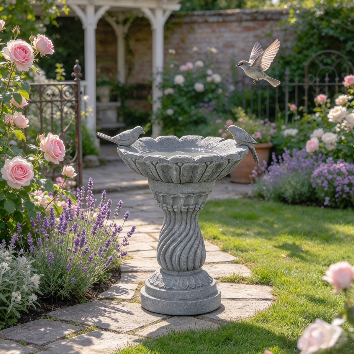 16.54' Garden Bird Bath Statue, Magnesium Oxide Grey Pedestal Birdbath, Outdoor Bird Feeder Bowl with Decorative Bird Figurine, Yard Lawn Patio Garden Decor, Ideal Gift for Bird Lovers