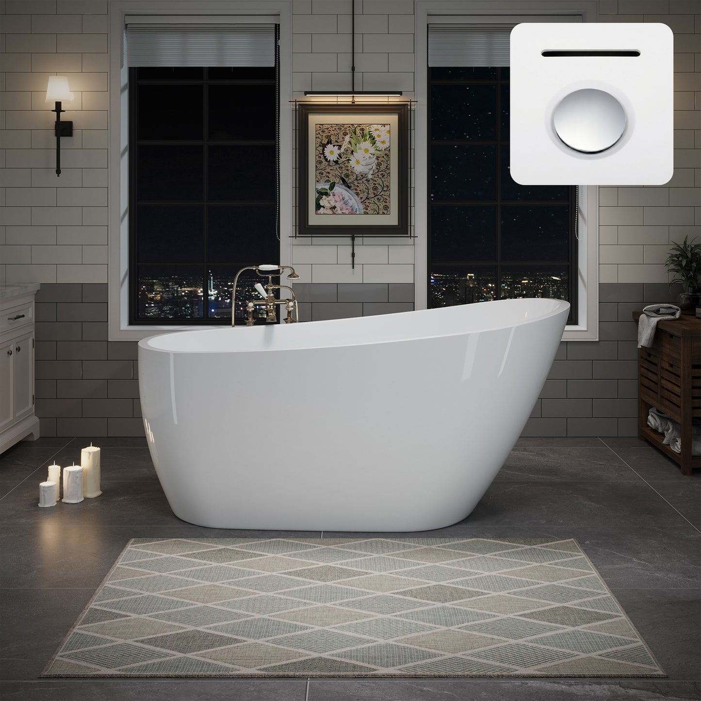 60' Acrylic Freestanding Bathtub, Deep Soaking Contemporary Stand Alone Bath Tub with Pop-up Drain & Integrated Overflow, Chrome-Finish Drain Cover, Glossy White GF-26A04-60