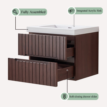 24' Wall Mounted & Floating Single Dark Walnut Bathroom Vanity with Acrylic Integrated White Basin, Pre-assembled Plywood Cabinet With 2 Drawers