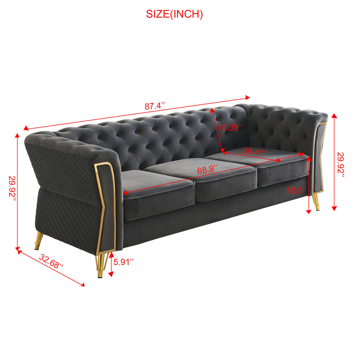 Modern Tufted Velvet Sofa 87.4 inch for Living Room Dark Grey Color