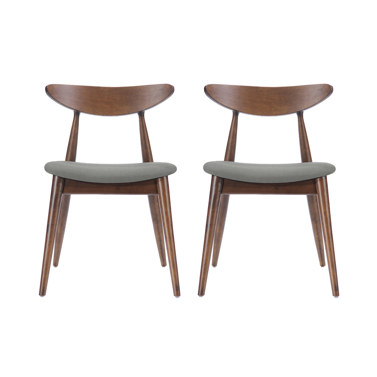 Set of 2 Retro Rubberwood Dining Chairs with Ergonomic Back & Plush Cushions in Walnut and Light Gray, Solid Rubberwood Frame with TSCA-Certified Foam Seats
