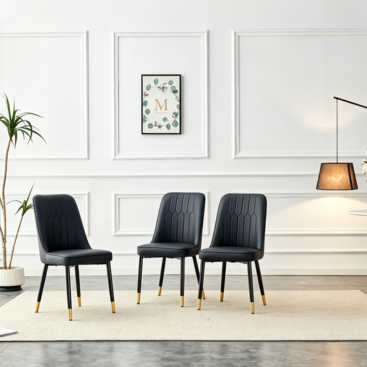 Modern dining chairs, equipped with PU artificial leather backrest cushions and black metal legs, suitable for restaurants, kitchens, and bedrooms. Set of 3 pieces (black+PU leather)