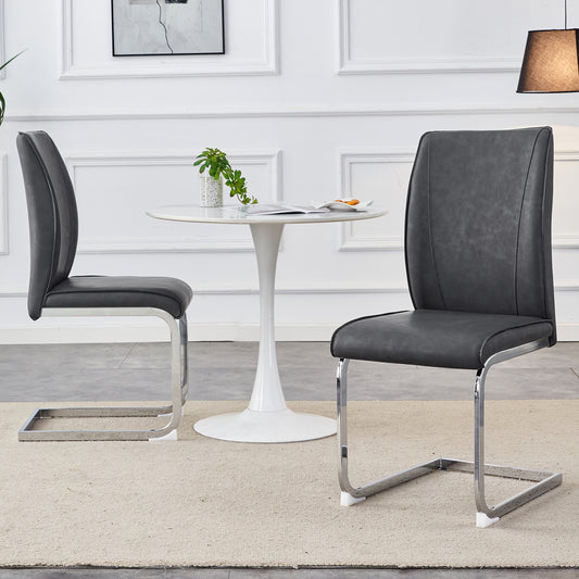 Luxury Simple Arch Chair - Set of 2 Dark Gray PU Material High Resilience Dining Chair with Arched Metal Silver Leg.Crazy Horse Texture PU Dining Chairs.W1151P154867