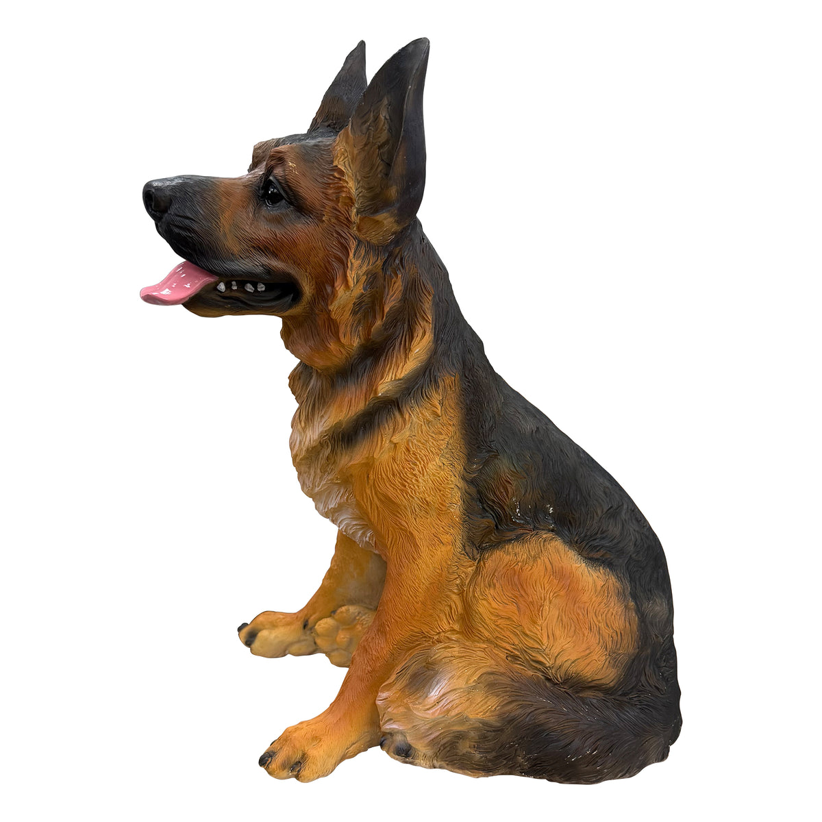Realistic German Shepherd resin statue, weather-resistant dog ornament, an outdoor garden sculpture suitable for decorating backyards, lawns, and patios.