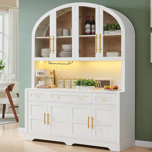 K&K 75.8" Tall Arched Kitchen Pantry Cabinet with LED & Charging Station, 55" Wide Farmhouse Pantry Storage Cabinet with Drawers & Barn Doors, Kitchen Hutch for Dining, Living Room, White
