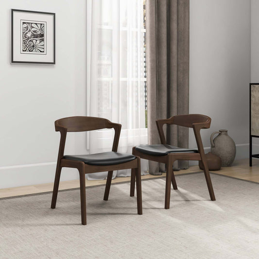 Dakota Mid-Century Solid Wood Dining Chair Set with Black Leather Upholstery Set Of 2