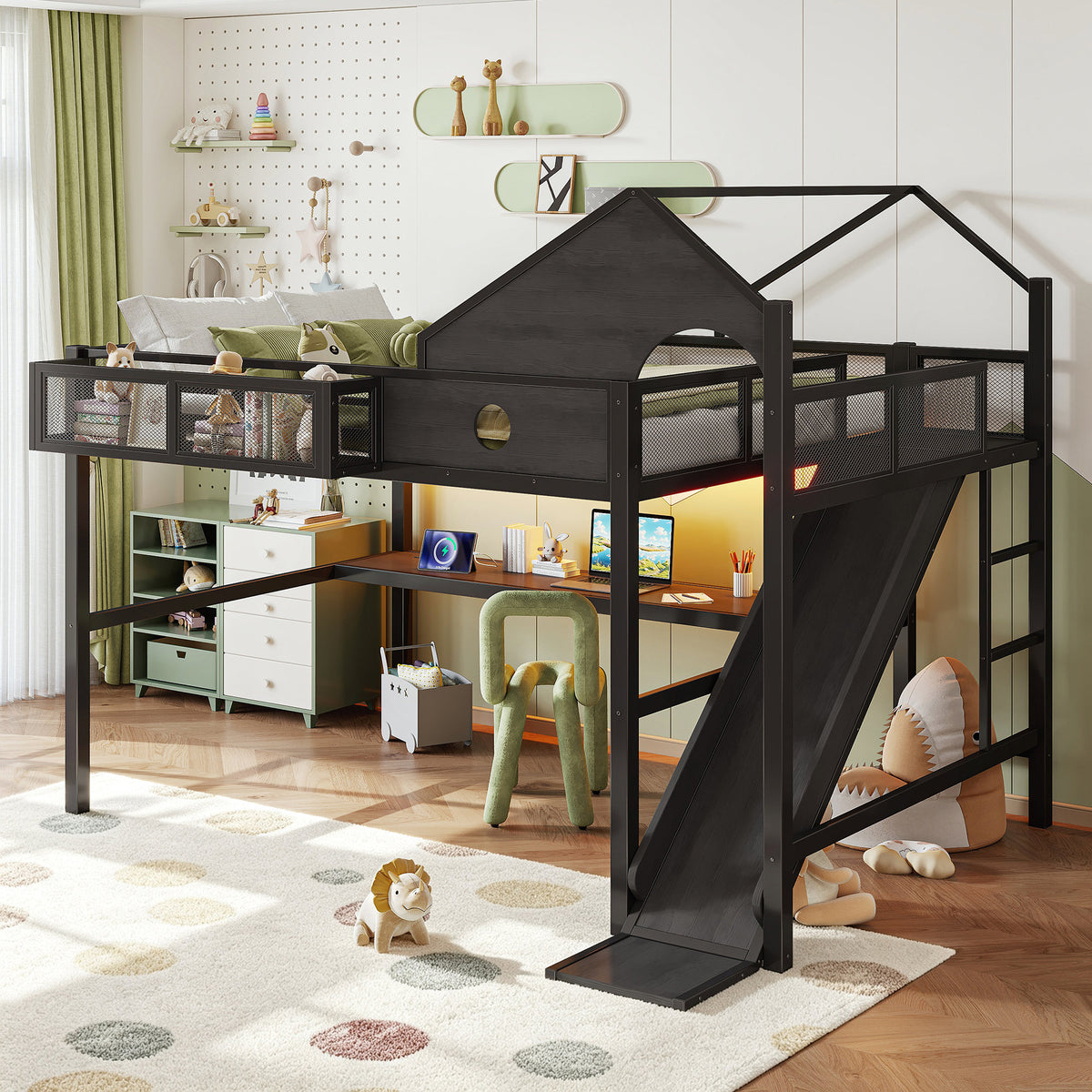 Queen Size Multifunctional Loft Bed with Slide, Desk,and Storage Shelves, Metal Loft Bed Frame With USB Ports And Led Lights, Triangular Geometry House Design, Black