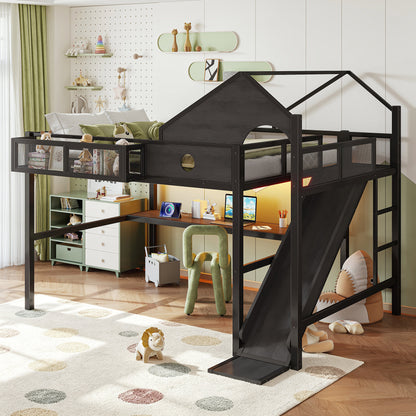 Queen Size Multifunctional Loft Bed with Slide, Desk,and Storage Shelves, Metal Loft Bed Frame With USB Ports And Led Lights, Triangular Geometry House Design, Black