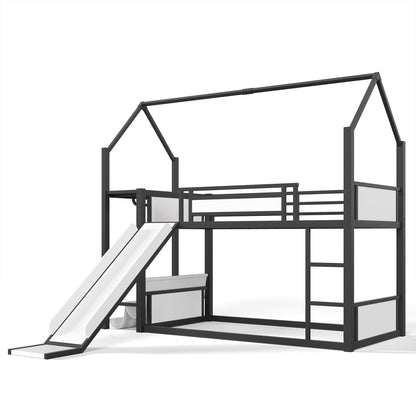 Twin Over Twin Metal Bunk Bed with Slide, LED Clothing Hanging Area, Fabric Storage Shelf & Power Outlet, Childlike Playhouse bunk bed Frame with low-profile design for Kids Girls,boys, Black