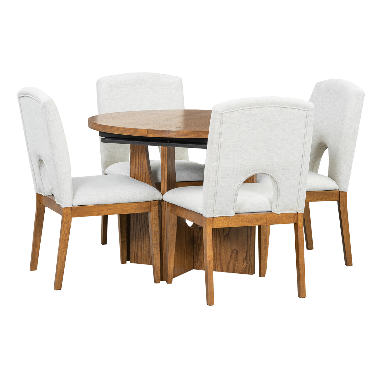 TOPMAX Modern 5-Piece Extendable Round Dining Table Set with 16.2inch Removable Leaf for Small Places, Walnut