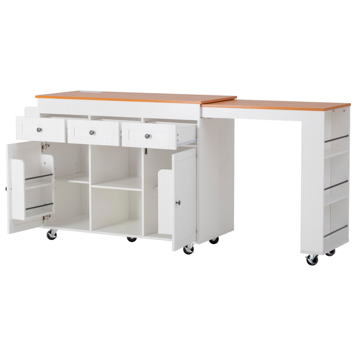 K&K 85.5" Kitchen Island with Extendable Dining Table, Kitchen Storage Table with 3 Side Open Shelves – White