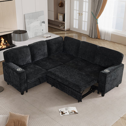 L-Shaped Sofa with Pull Out Sofa Bed, Sleeper Sofa Couch Bed with Storage Seat, 5 Seat Sectional Sofa Bed with USB, Sectional Sofa Couch