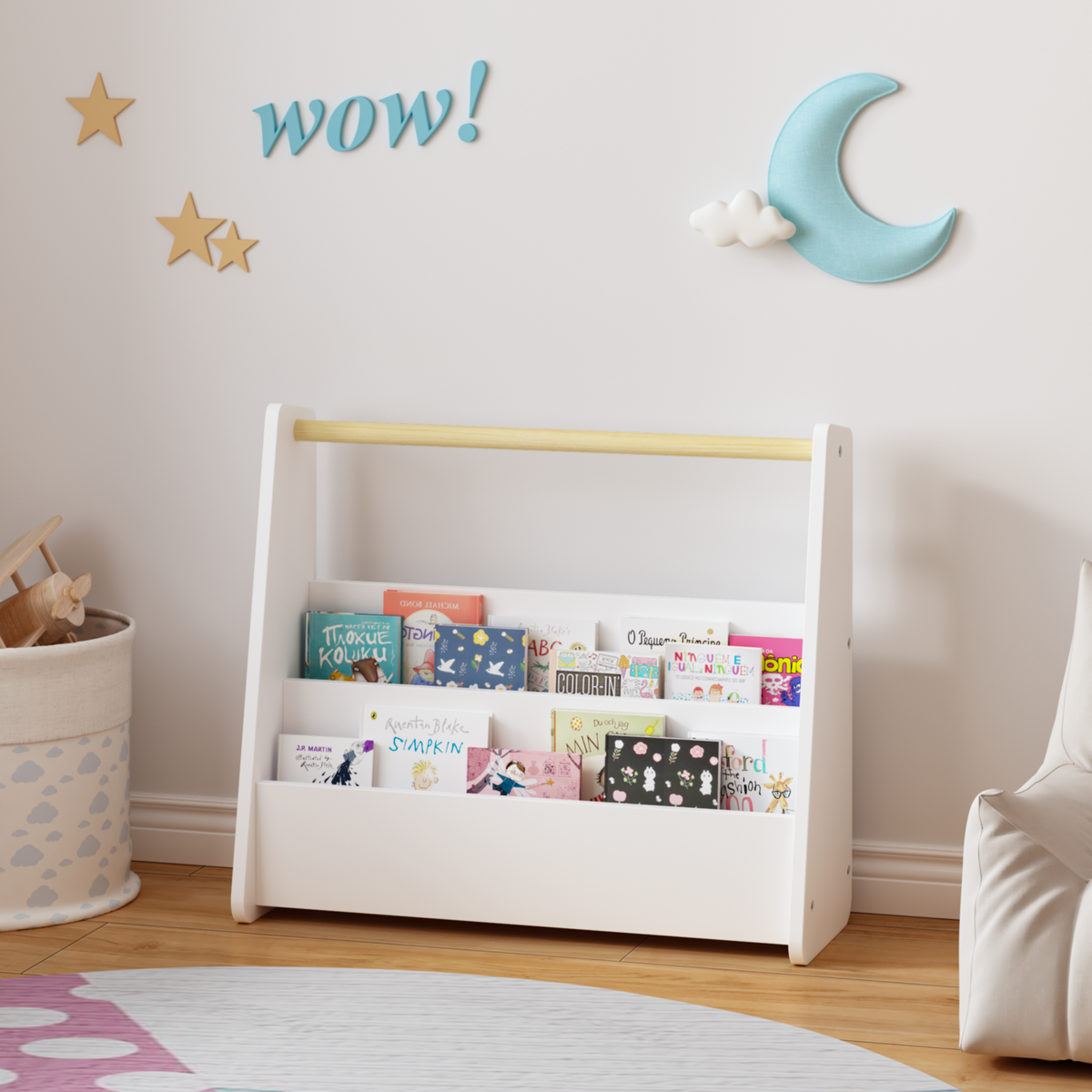 Kids Bookshelf with Wooden Handle, 2-Tier Front-Facing Toddler Bookcase, Portable Children's Book Storage Organizer, or Classroom, White