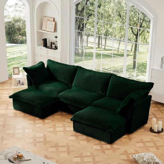 Slipcovered U Shape Sectional Deep Seat Sofa Couch, 3 Seater Sofa with French Edges Design Multiple Big Pillows, Modular Deep Seat Sectional Sofa Comfy Cloud Couch for Living Room, Apartment, Green