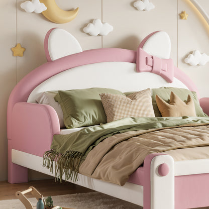 Full Cute Cat Shaped Upholstered Kids Platform Bed, Princess Style Low Profile Children Bed Frame for Bedroom,white&Pink