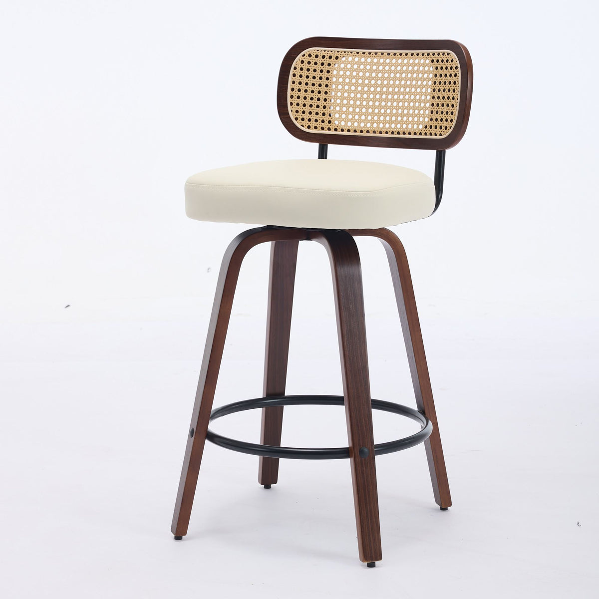 Set of 2 Counter Height Bar Stools - 26 inch Rattan Counter Height Stools with Cane Back, Upholstered Seat, Walnut Craftsmanship, Swivel Counter Stools for Island/Kitchen/Counter/Bar (Walnut /Beige)