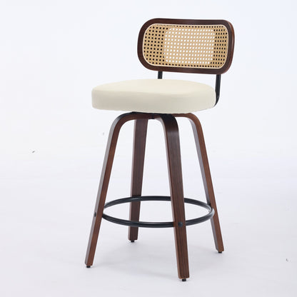 Set of 2 Counter Height Bar Stools - 26 inch Rattan Counter Height Stools with Cane Back, Upholstered Seat, Walnut Craftsmanship, Swivel Counter Stools for Island/Kitchen/Counter/Bar (Walnut /Beige)