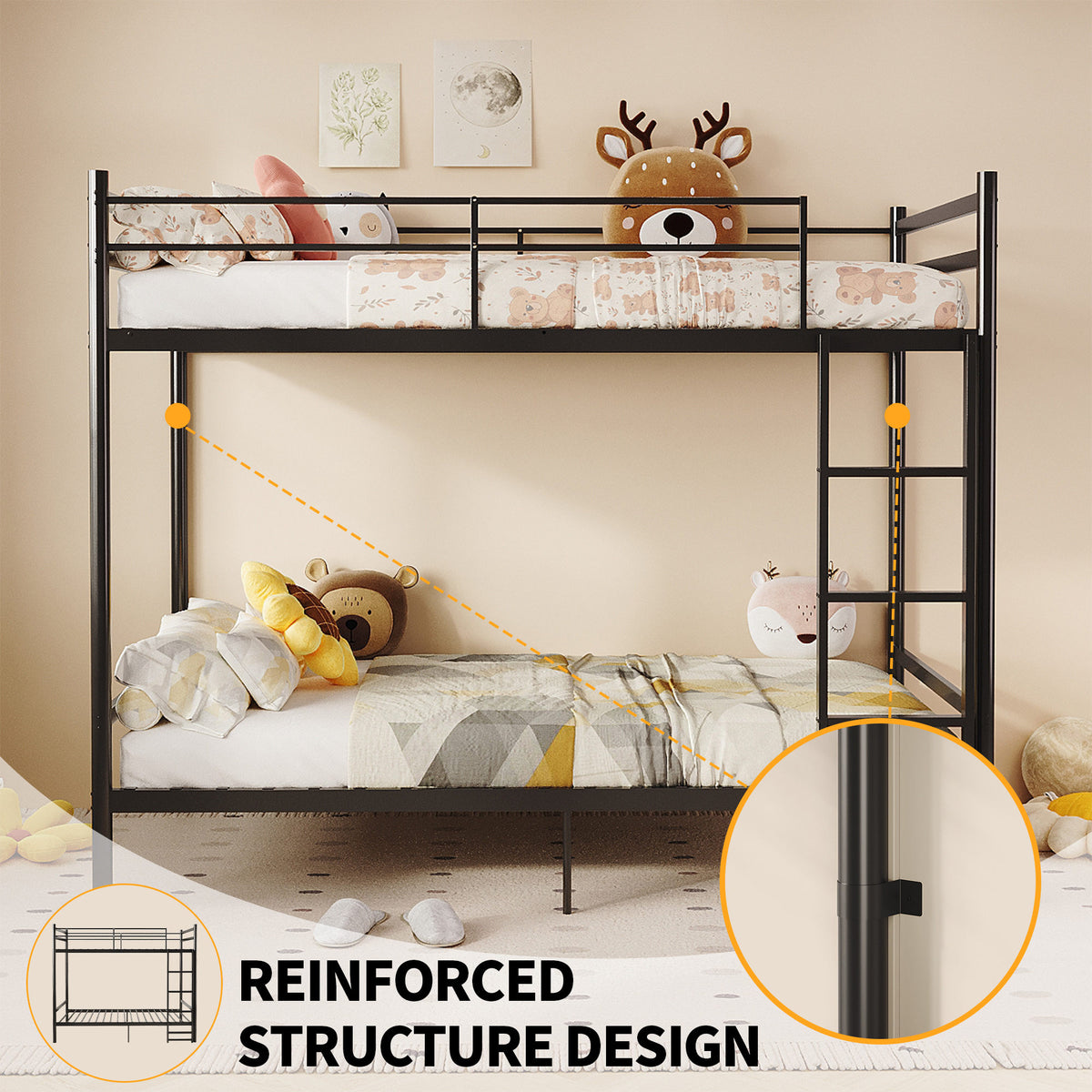 Twin Over Twin Metal Bunk Bed, Heavy Duty Bed Frame with Anti-Slip Ladder & Tall Safety Guardrails, Space-Saving Bunkbeds with Under-Bed Storage for Kids Teens Adults, Black