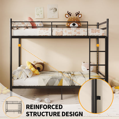 Twin Over Twin Metal Bunk Bed, Heavy Duty Bed Frame with Anti-Slip Ladder & Tall Safety Guardrails, Space-Saving Bunkbeds with Under-Bed Storage for Kids Teens Adults, Black