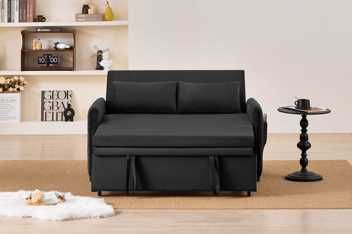 51.2' Velvet Convertible Sleeper Sofa Bed, 5-Position Adjustable Backrest Loveseat with Pull-Out Bed, Side Pocket, Multi-Functional 2-Seater Couch for Living Room, Apartment, Small Space