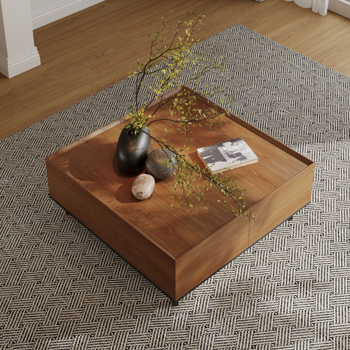 35.43" Square Walnut Finish Coffee Table with Hidden Drawer and Black Base, Modern Large Cocktail Center Table with Storage for Living Room, Apartment and Office