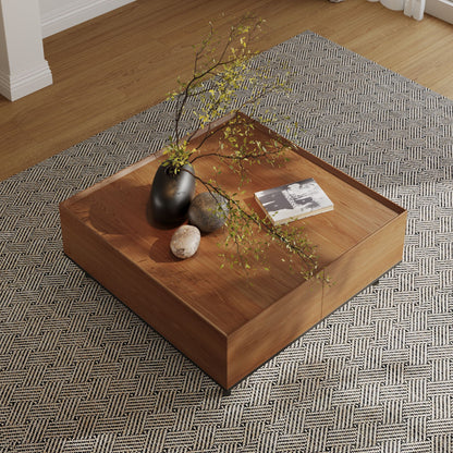 35.43" Square Walnut Finish Coffee Table with Hidden Drawer and Black Base, Modern Large Cocktail Center Table with Storage for Living Room, Apartment and Office
