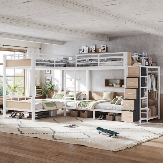 Quad Twin Metal Bunk Bed with Storage Drawers, 4 Twin Bed Frame with Built-in Wardrobe and Open Shelves, Metal Bed with Non-Woven Fabric Drawers, White