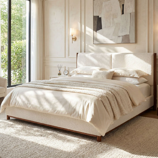 Queen Size Upholstered Bed Frame, Walnut Wood Trim with White Fabric, Plywood & Rubber Wood Construction, 600 LBS Weight Capacity, Fits 8"-10" Mattress, No Box Spring Needed