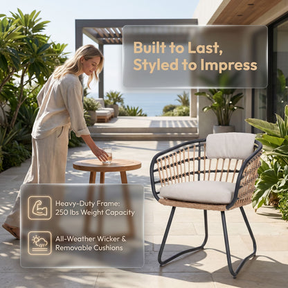 Beige PE Rattan Dining Chairs Set of 2 with Cushions, Outdoor Wicker Armchairs for Garden, Lawn, Poolside, Backyard, Porch