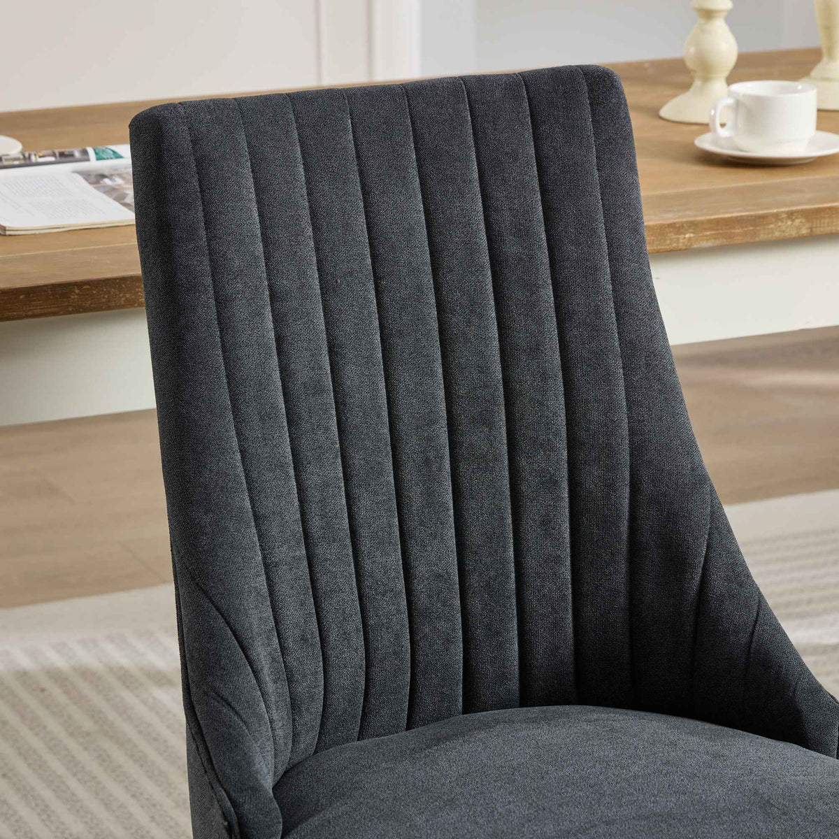 Rayon Cloth Flocking Linen Dining Chairs Channel Kitchen Dinner Chair Comfy Fabric Upholstered Accent Chair for Dining Room with Curved - Black