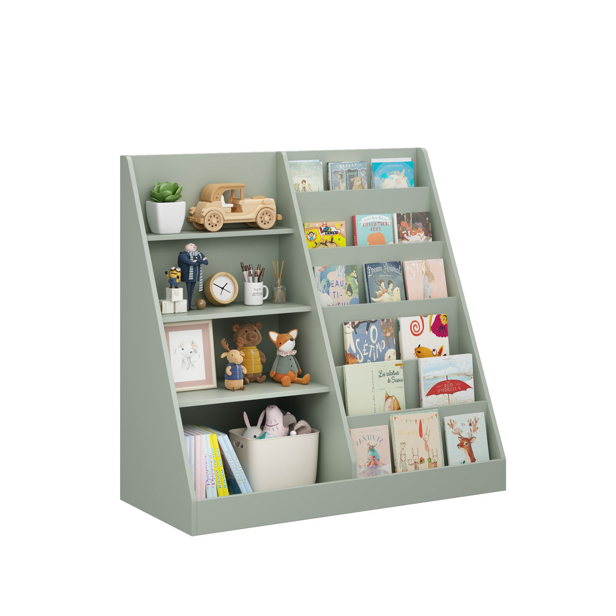Kids Bookshelf and Toy Storage Organizer, Multifunctional 4 Tier Wooden Kids Book Shelf with  Bookcase Display Stand in Kids Room Playroom Nursery for Kids, Children, Toddlers (Sage)