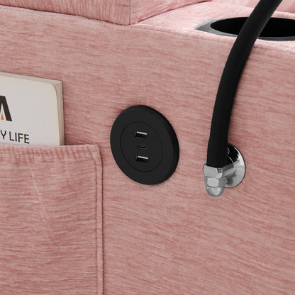 Single sofa recliner with manually adjustable backrest, USB charging port on the armrest side, phone stand included, hidden armrest storage, and a matching storage ottoman-Pink