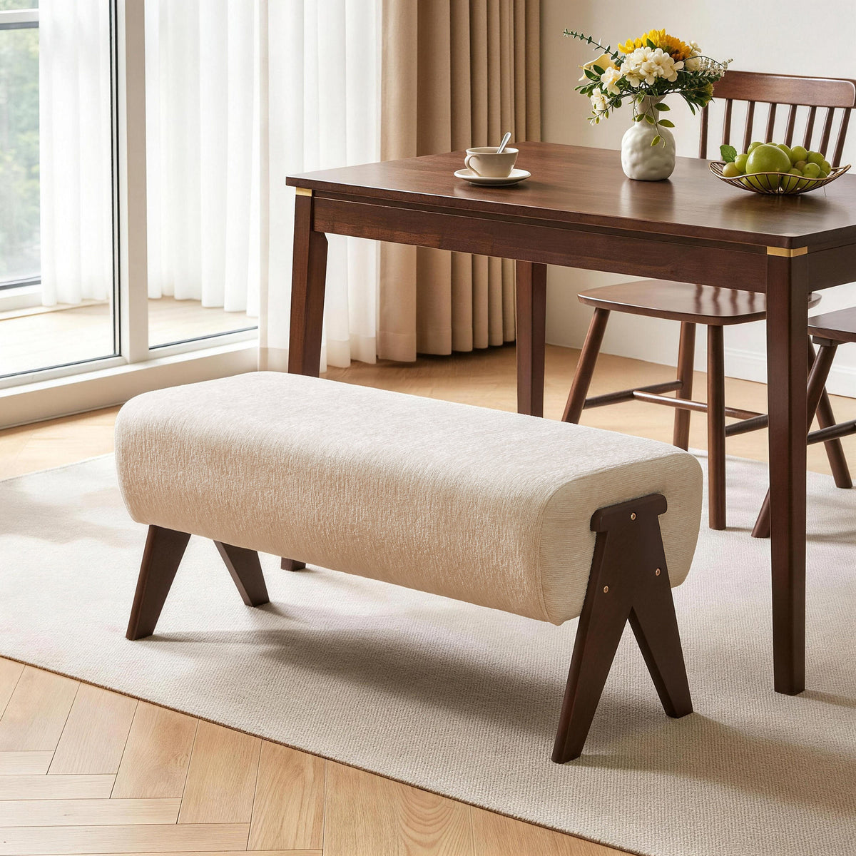 Modern Decorative Chenille Fabric Bench, Ergonomic Padded Entry Bench with Solid Wood Legs, Upholstered Ottoman Bench for Foyer Bedroom Living Space