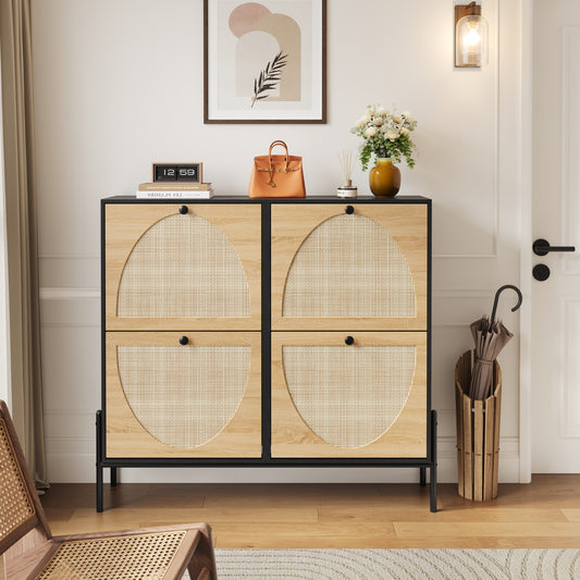 Space-Saving Rattan Shoe Cabinet with 4 Flip-Down Doors – Elegant Narrow Storage for Entryways & Hallways
