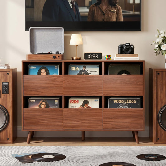 47.12" Large Record Player Stand, Mid Century Turntable Stand,Vintage Player Table with Spacious Storage, Vinyl Record Holder for Bedroom Living Room (Walnut)