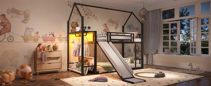 Twin Over Twin Metal Bunk Bed with Slide, LED Clothing Hanging Area, Fabric Storage Shelf & Power Outlet, Childlike Playhouse bunk bed Frame with low-profile design for Kids Girls,boys, Black