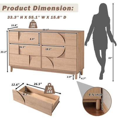 Mid Century 6-Drawer Dresser for Bedroom, 55" Wide Modern Chest of Drawers, TV Stand for Living Room, Solid Wood legs,Vanity Desk, Closet Storage, Drawers Organizer Furniture, Hallway,Light Oak