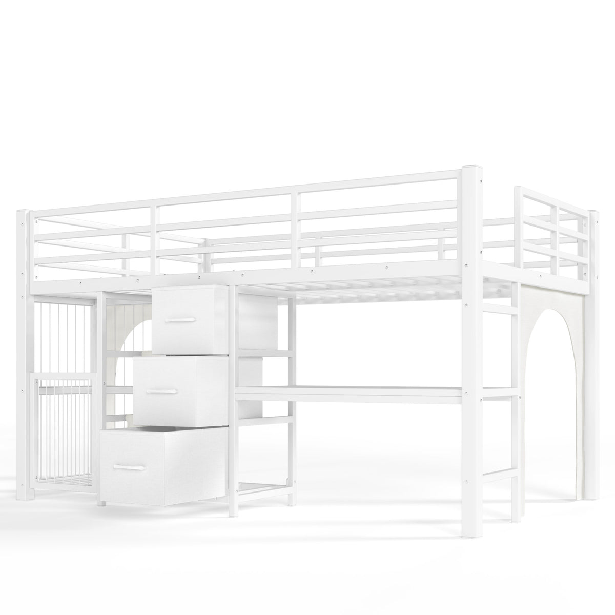 Twin Metal Low Loft Bed for Kids, Low Loft Bed with Storage Drawer, Low Loft Bed with Bookshelf & Built-in Desk, Sturdy Low Loft Bed Frame, Multi-Function Low Loft Bed for Kids.White