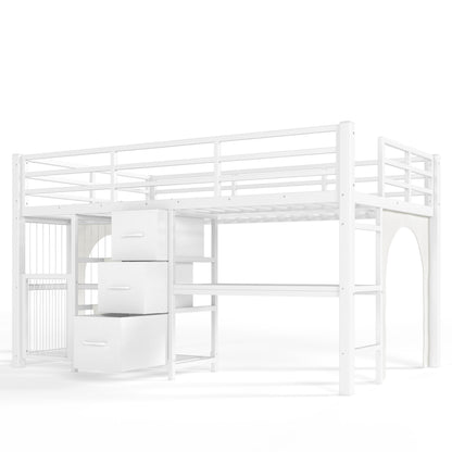 Twin Metal Low Loft Bed for Kids, Low Loft Bed with Storage Drawer, Low Loft Bed with Bookshelf & Built-in Desk, Sturdy Low Loft Bed Frame, Multi-Function Low Loft Bed for Kids.White